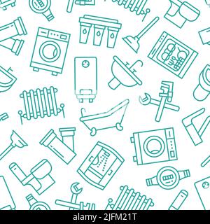 Plumbing service vector seamless pattern with flat line icons of house bathroom equipment, faucet toilet, washing machine, dishwasher. Plumber repair Stock Vector