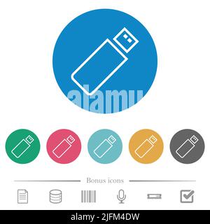Pendrive outline flat white icons on round color backgrounds. 6 bonus icons included. Stock Vector