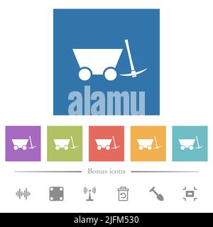 Loaded mine cart and pickaxe flat white icons in square backgrounds. 6 bonus icons included. Stock Vector