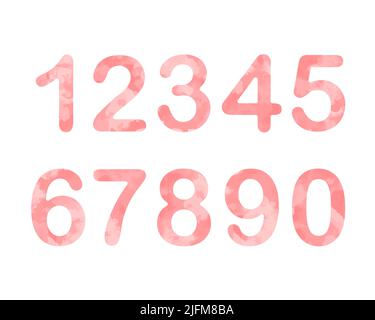 Numbers watercolor pink set vector illustration. Digits, figures collection. Paint splash for girl design. Cute funny tender isolated icons Stock Vector