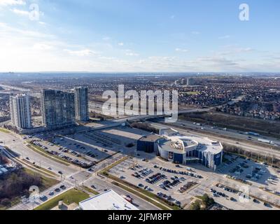 Mississauga, Ontario, Canada - December 17 2021 : Aerial view of City of Mississauga downtown skyline. Ontario Highway 403. Stock Photo