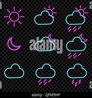 Weather forecast neon light icons set. Vector illustration Stock Vector