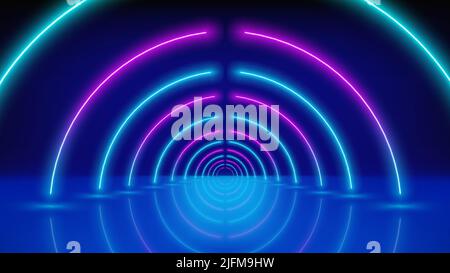 Glowing neon lines, tunnel, led stage. Abstract technological background, virtual reality. Pink blue purple neon corridor of circles, perspective Stock Vector