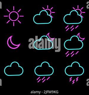 Weather forecast neon light icons set. Vector illustration Stock Vector