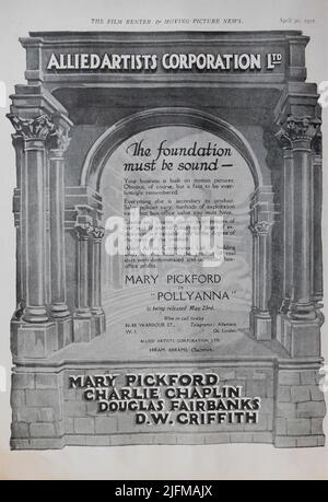 ALLIED ARTISTS CORPORATION ( UNITED ARTISTS) trade ad promoting MARY PICKFORD in POLLYANNA 1920 director PAUL POWELL based on the book by Eleanor H. Porter adaptation Frances Marion Mary Pickford Company / United Artists / Allied Artists Corporation (UK) Stock Photo