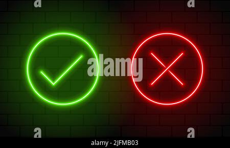 Check mark and cross mark in neon style. Green tick and red cross check marks. Retro signs with glowing neon. Vector illustration Stock Vector