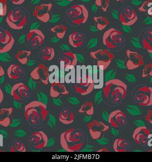 Seamless vector pattern with pink roses on grey background. Romantic floral vintage wallpaper design with flowers. Luxury fashion textile. Stock Vector