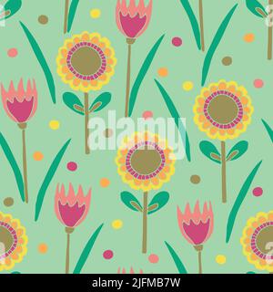 Seamless vector pattern with hand drawn flowers on green background. Simple summer floral wallpaper design. Decorative children fashion textile. Stock Vector