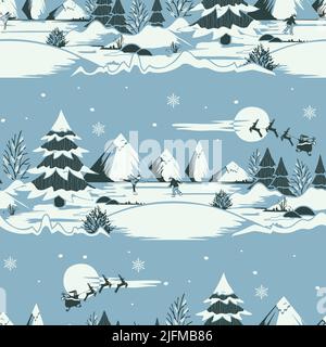 Seamless vector pattern with winter landscape on blue background. Christmas magic wallpaper design. Decorative ice skating fashion textile. Stock Vector