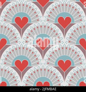Seamless vector pattern with love heart fan on grey background. Simple romantic retro wallpaper design. Decorative Valentine day fashion textile. Stock Vector