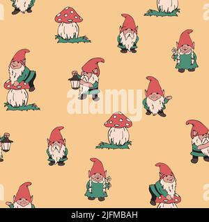 Seamless vector pattern with garden gnomes on yellow background. Simple hand drawn wallpaper design. Decorative summer season fashion textile. Stock Vector