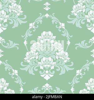 Seamless vector pattern with romantic white lilies on green background. Rococo damask  floral wallpaper design. Victorian style fashion textile. Stock Vector