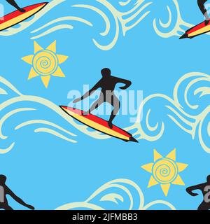 Seamless vector pattern with surfer silhouette on blue background. Happy summer sport wallpaper design. Lifestyle fashion textile. Stock Vector