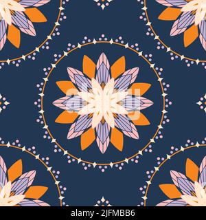 Seamless vector pattern with flower circle on blue background. Simple zen floral wreath wallpaper tile. Decorative patchwork fashion textile. Stock Vector