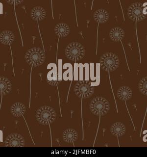 Seamless vector pattern with dandelions seeds on brown background. Decorative modern wallpaper design. Floral fashion textile. Stock Vector