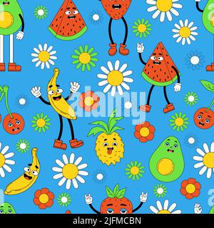 Retro seamless pattern, groovy psychedelic background. Vector hippy pattern with vibes groovy elements funny comic cartoon characters fruit, gloved ha Stock Vector