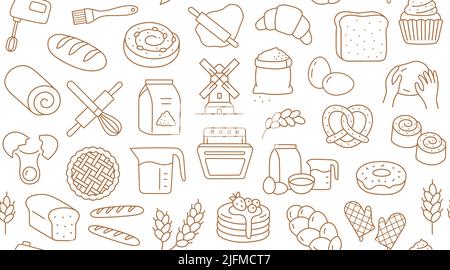 Bakery products doodle beige seamless pattern. Vector background included line icons as - pretzel, croissant, bagel, donut, challah, baguette Stock Vector