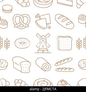Bakery products doodle beige seamless pattern. Vector background included line icons as - wheat, croissant, bagel, donut, toast, baguette, mill Stock Vector