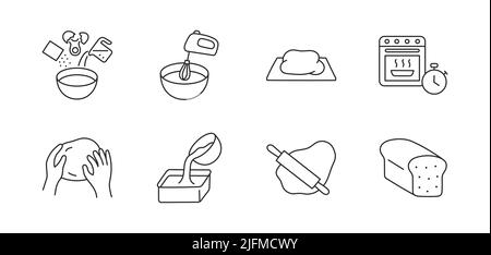 Dough doodle illustration including icons - bowl, oven, mix, ingredients, egg, rolling pin, bread, timer. Thin line art about baking. Editable Stroke Stock Vector