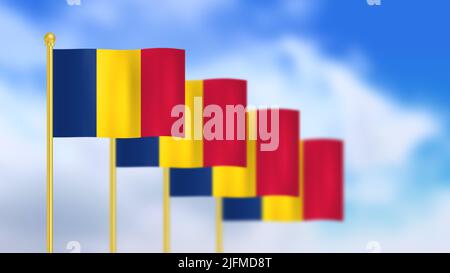 Four national flag of republic of Chad waving in wind focused on first flag and blue sky. Stock Photo