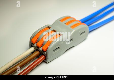 Electrical terminal for quick connection of wires with connected colored mounting wires - macro photo. Background picture. Selective focus. Stock Photo