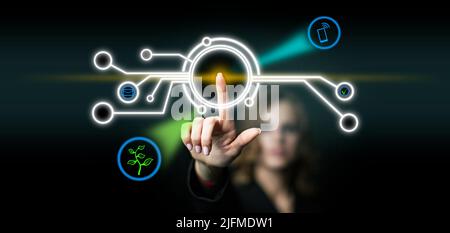Businesswoman working with modern virtual technologies hands touching the screen Stock Photo
