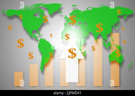 Double exposure with red world map with downward bar graph from business and financial concept. Elements of this image furnished by NASA. Stock Photo