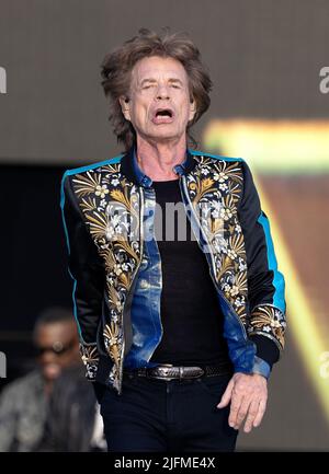LONDON, UK. 3 July 2022:  Mick Jagger of The Rolling Stones perform at American Express present BST Hyde Park in London, England. Credit: S.A.M./Alamy Live News Stock Photo