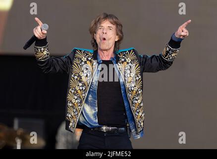 LONDON, UK. 3 July 2022:  Mick Jagger of The Rolling Stones perform at American Express present BST Hyde Park in London, England. Credit: S.A.M./Alamy Live News Stock Photo