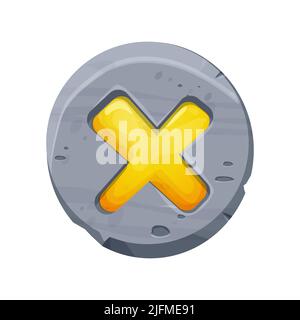 Stone close button game interface, menu element, cross shape in comic cartoon style isolated on white background. Vector illustration Stock Vector