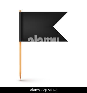 Realistic wooden toothpick with black paper flag. Location mark, map ...