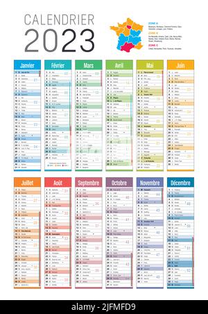 Year 2023 colorful calendar, in French language, on white background. Vector template Stock Vector