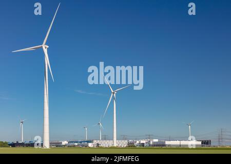Eemshaven, The Netherlands - June 2, 2022: View at a Google data center with surrounding wind turbines in front of a clear blue sky in Eemshaven Stock Photo
