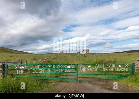 3 July 2022. Cabrach, Moray, Scotland. This is a gate to an abandoned Farm in the Cabrach area of Scotland. Stock Photo