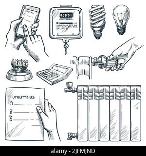 Utility bills and payment design elements set, isolated on white background. Vector hand drawn sketch illustration of invoice, electricity meter, heat Stock Vector