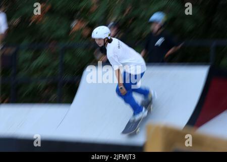 Rome, Italy. 03rd July, 2022. Momiji Nishiya (JAP) during the women's final of the World Street Skateboarding Rome 2022 at Colle Oppio skatepark, on July 3, 2022 in Rome, Italy. (Photo by Giuseppe Fama/Pacific Press) Credit: Pacific Press Media Production Corp./Alamy Live News Stock Photo