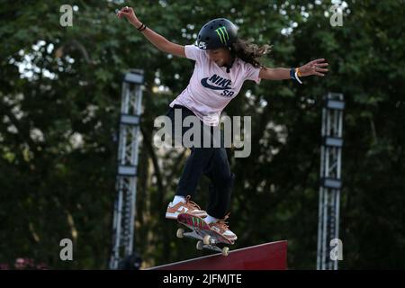 Rome, Italy. 03rd July, 2022. Rayssa Leal (BRA) during the women's final of the World Street Skateboarding Rome 2022 at Colle Oppio skatepark, on July 3, 2022 in Rome, Italy. (Photo by Giuseppe Fama/Pacific Press) Credit: Pacific Press Media Production Corp./Alamy Live News Stock Photo