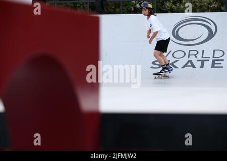 Rome, Italy. 03rd July, 2022. Yumeka Oda (JAP) during the women's final of the World Street Skateboarding Rome 2022 at Colle Oppio skatepark, on July 3, 2022 in Rome, Italy. (Photo by Giuseppe Fama/Pacific Press) Credit: Pacific Press Media Production Corp./Alamy Live News Stock Photo