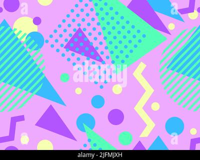 Geometric seamless pattern in 80s style. Background with colorful geometric shapes in memphis style. Design of promotional products, wrapping paper an Stock Vector