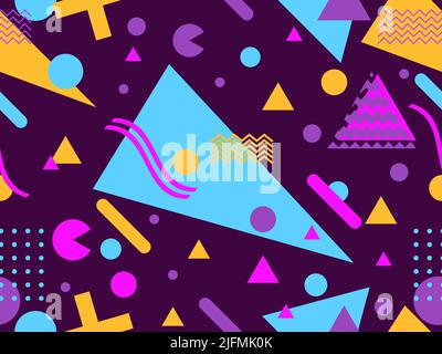 Geometric seamless pattern in 80s style. Background with colorful geometric shapes in memphis style. Design of promotional products, wrapping paper an Stock Vector