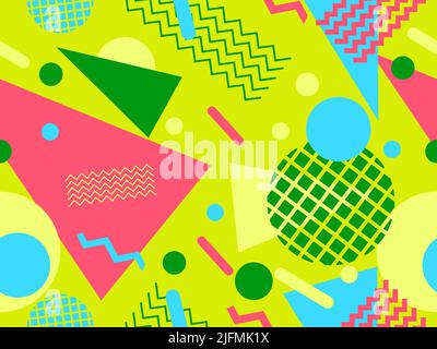 Memphis seamless pattern with geometric shapes in 80s style. Colorful geometric pattern. Design of promotional products, wrapping paper and printing. Stock Vector