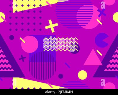 Geometric seamless pattern in 80s style. Background with colorful geometric shapes in memphis style. Design of promotional products, wrapping paper an Stock Vector