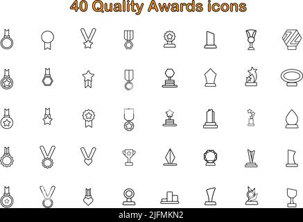 40 Quality awards icons. Outlined medals and trophy icons Stock Vector