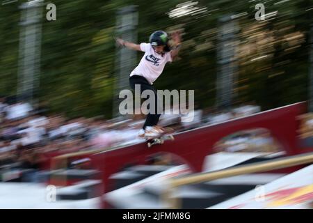 Rome, Italy. 3rd July, 2022. Rayssa Leal (BRA) during the women's final of the World Street Skateboarding Rome 2022 at Colle Oppio skatepark, on July 3, 2022 in Rome, Italy. (Credit Image: © Giuseppe Fama/Pacific Press via ZUMA Press Wire) Stock Photo