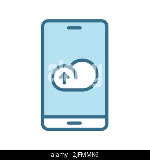 Uploading cloud on smartphone lineal blue icon isolated on white. Stock Vector