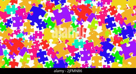 Colorful puzzles are randomly scattered on white background. Bright puzzles seamless pattern in cartoon style. Template for design of poster, fabric, Stock Vector