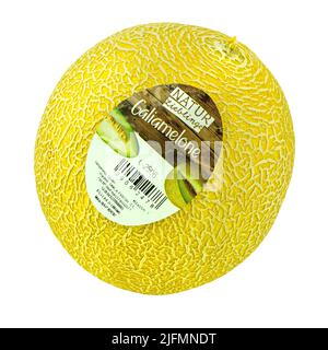 Hamburg, Germany -  July 2   2022: Galia melon and German label isolated on white background Stock Photo