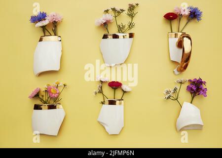 Creative aesthetic broken cup's pieces with wildflowers, miniature flower pots. Creative conceptual home decorations idea. House plants, growth, hope, cozy home concept. Plant aesthetic Stock Photo