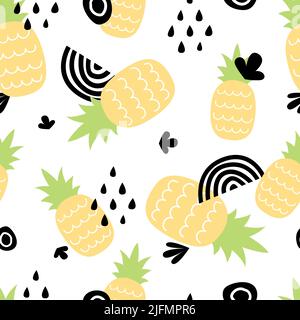Pineapple abstract seamless pattern. Fruit pineapples doodle style print, exotic tropical decorative design. Trendy contemporary vector background Stock Vector