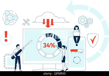 Upgrading system. Technical updates, business people or developers upgrade software. Computer service man, website development recent vector scene Stock Vector